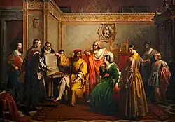 Leonardo presents the sketch of the Last Supper to the Duke of Milan Ludovico il Moro, Francesco Podesti, 1846. At the centre of the scene are, as elsewhere, the Duke with Duchess Beatrice and Cardinal Ascanio.