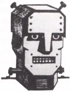 Black-and-white drawing of a metallic robot head