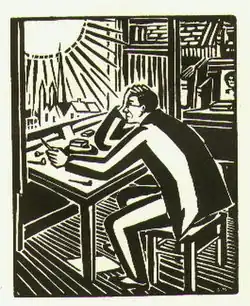 Black-and-white illustration of a man seated and hunched over a table, facing left, holding his art tools. Out the window on the left, the sun beats down upon the man.