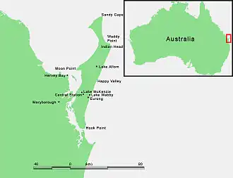 Map of K'gari, including its location in Australia