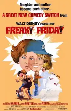 Illustrated poster showing a woman and a teenage girl with swapped facial expressions. Below them, comedic scenes depict a skateboard mishap and a laundry machine overflow. The tagline reads "Daughter and mother become each other... A GREAT NEW COMEDY SWITCH from Walt Disney Productions."
