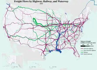 Freight flows by: &nbsp;&nbsp;Interstate-Highways &nbsp;&nbsp;Highways &nbsp;&nbsp;Railways &nbsp;&nbsp;Inland waterways