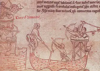 Illumination of soldiers firing arrows from a boat