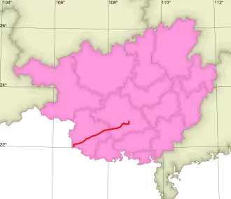 A map showing the route of the G7211 Nanning–Youyiguan Expressway in Guangxi.