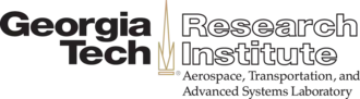 The words "Georgia Tech" in black to the left of a stylized campanile, and the words "Research Institute" in outline to the right of the stylized campanile. The words "Aerospace, Transportation, and Advanced Systems Laboratory" are written below the right side of the image.