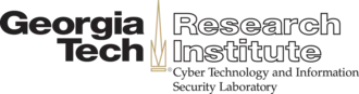 The words "Georgia Tech" in black to the left of a stylized campanile, and the words "Research Institute" in outline to the right of the stylized campanile. The words "Cyber Technology and Information Security Laboratory" are written below the right side of the image.