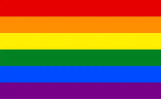 Rainbow flag (LGBT) , (Barry of six, gules, orange, or, vert, azure, and purpure)