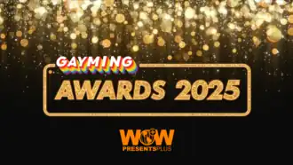 Gayming Awards 2025 logo - Gayming Awards 2025 is written in gold within a gold box. The box is on a black background with gold sparkles falling from the top.