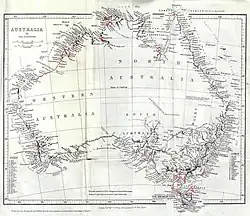 1846 "General Chart of Australia", showing coasts examined by HMS Beagle during the third voyage in red, from John Lort Stokes' Discoveries in Australia