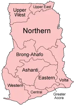 A clickable map of Ghana exhibiting its ten regions.