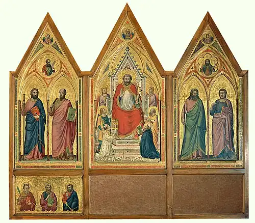 The early 14th century Stefaneschi Triptych. In the central panel is the kneeling figure of Cardinal Stefaneschi ...