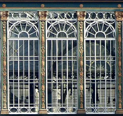 Renaissance Revival margents on pilasters of the Hielanman's Umbrella, Glasgow, UK, unknown architect, 1879