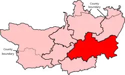 Map showing the location of the Glastonbury and Somerton constituency in Somerset under the boundaries created by the 2023 boundary review and first used at the 2024 general election.