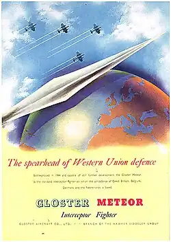 1949 poster advertising the Gloster Meteor jet fighter as the spearhead of Western Union defence