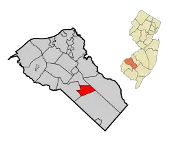 Location of Clayton in Gloucester County highlighted in red (left). Inset map: Location of Gloucester County in New Jersey highlighted in orange (right).