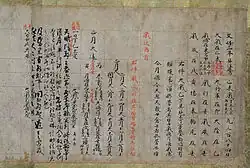 Text in Chinese script on lined paper. Part of the text or annotations are in red ink, while most is black.