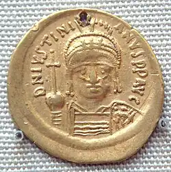 Gold coin of Justinian I (527–565 CE) excavated in India probably in the south.