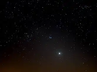 The bright Venus in the cone of the zodiacal light 8&nbsp;degrees above the western horizon on 23&nbsp;March 2020. This was eleven days before Venus approached the Golden Gate of the Ecliptic (centre) between the Pleiades (right) and the Hyades together with Aldebaran (left) in the constellation Taurus (centre).