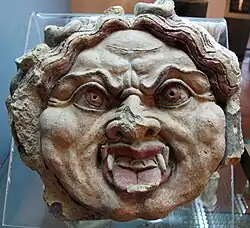 Gorgon antefix, Orvieto, end of the 5th century BC. Heads of both Silenus and gorgons were common subjects for antefixes.