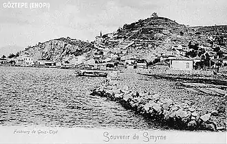 A Greek quarter in 19th century İzmir: Göztepe (Enopi), with Susuzdede (Agios Agapis) hill in the background
