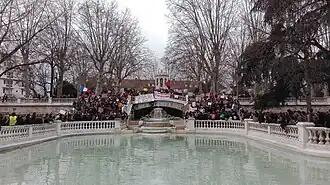 A speech being delivered from the stairs of the Jardin Darcy, in Dijon (Côte-d'Or, Burgundy, France) for the global climate strike on 15 March 2019
