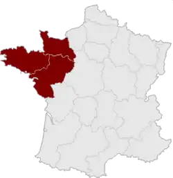 The Grand Ouest according to the circulation area of the daily newspaper Ouest-France[1] and researchers from the University of Caen.[2]