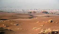 Sheds for drying grapes in the desert outside Shanshan