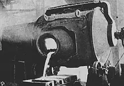 Converter discharging blister copper into ingot moulds, 1911.