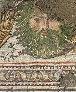 Early Byzantine mosaic with a Green Man, possibly from the reign of Byzantine emperor Justinian I (r. 527–565), Great Palace Mosaic Museum, Constantinople (present-day Istanbul, Turkey)[5]