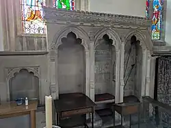 Piscine and stepped Sedilia at the C13 church of St. Mary the Virgin, at Great Milton, Oxfordshire, England. March 2025.