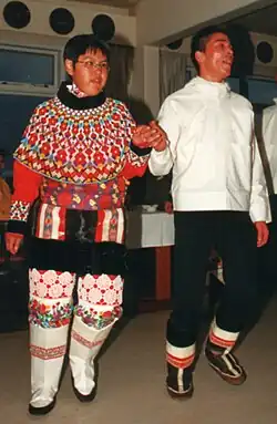 Dancing in ceremonial kamiit in Ilulissat, Greenland in 1999. Note flexibility and lack of lacing.