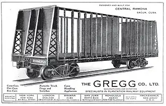 A builder's photo of a sugarcane car by the Gregg Company, used in an advertisement