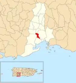 Location of Guayanilla barrio-pueblo within the municipality of Guayanilla shown in red