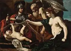 Allegory with Venus, Mars, Cupid and Time (ca. 1625): in the unique interpretation of Guercino, winged Time points an accusing finger at baby Cupid, held in a net that evokes the snare in which Venus and Mars were caught by her betrayed husband Vulcan.[80]