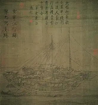 A faded drawing of two ships, each with a single mast, several above deck compartments, windows with awnings, and crew members depicted. The ships elegant rather than sparse and utilitarian.
