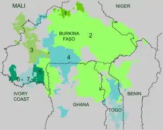 Map showing regions of Burkina Faso and neighboring countries where Gur languages are spoken: Koromfé in a small area in the north; Oti–Volta languages, the most widespread; Bwamu in the west; Gurunsi in the southern and southeastern areas; Kirma–Lobi in a small western area; Dogoso–Khe in a small extreme western area; and Doghose–Gan in a small western area.