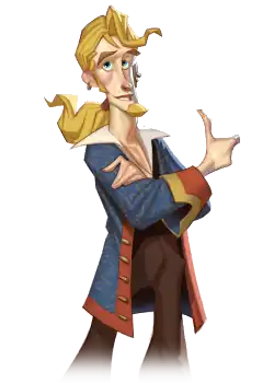 A young man with blonde hair tied in a ponytail, blue eyes and a goatee beard, wearing a blue pirate coat. A small earring is worn in his right ear.