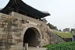 Gwanghuimun Gate, back with Fortress Wall, Seoul, Korea