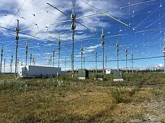 HAARP, a phased array of 180 crossed dipoles in Alaska which can transmit a 3.6 MW beam of 3–10 MHz radio waves into the ionosphere for research purposes