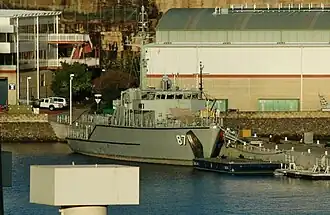 Huon-class minehunter HMAS&nbsp;Yarra docked at Waterhen in February 2008.