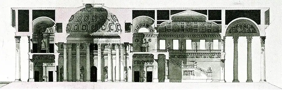 Cross section of the staircase and the main hall of the palace