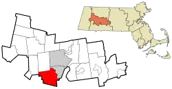 Location of Southampton in Hampshire County, Massachusetts (left) and of Hampshire County in Massachusetts (right)