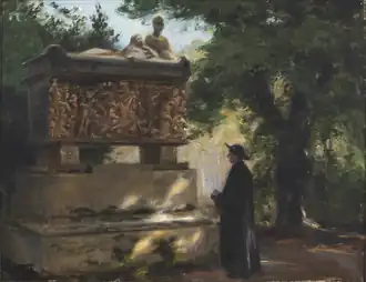 Catholic pater in front of a sarcophagus, 1909, Italy, Privately owned