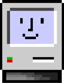 A small, rectangular icon depicting a gray computer emblazoned with a colourful Apple logo, and a floppy-disk slot. On its small square screen is a smiley-face emoticon against a lilac background. The icon indicates that the machine has successfully begun booting, in contrast to a "Sad Mac" icon, which displays a "sad" emoticon.