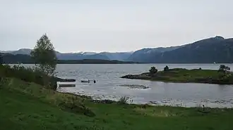 View from Gjermundshamn across the Hardangerfjord, with Varaldsøy island and Folgefonna glacier