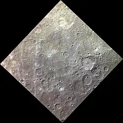 Approximate color image of the surface of Mercury. The prominent crater at right is Hawthorne.