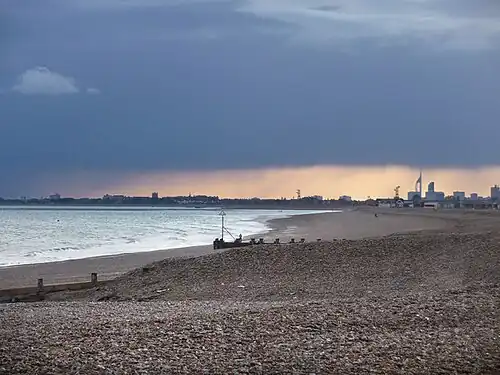 Image 11Hayling Island's mainly shingle beach with Portsmouth's Spinnaker Tower beyond (from Portal:Hampshire/Selected pictures)