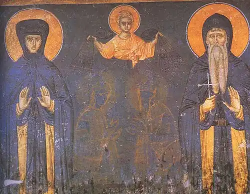 Saint Helen of Serbia as a nun and King Milutin as a monk, fresco from Gračanica.
