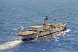 A Bell UH-1 helicopter landing on USNS&nbsp;Longview in July 1966