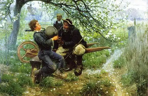 The Bagpipe Lesson, a painting by Henry Ossawa Tanner, 1892. The image was begun in Brittany and finished in the United States.[43]